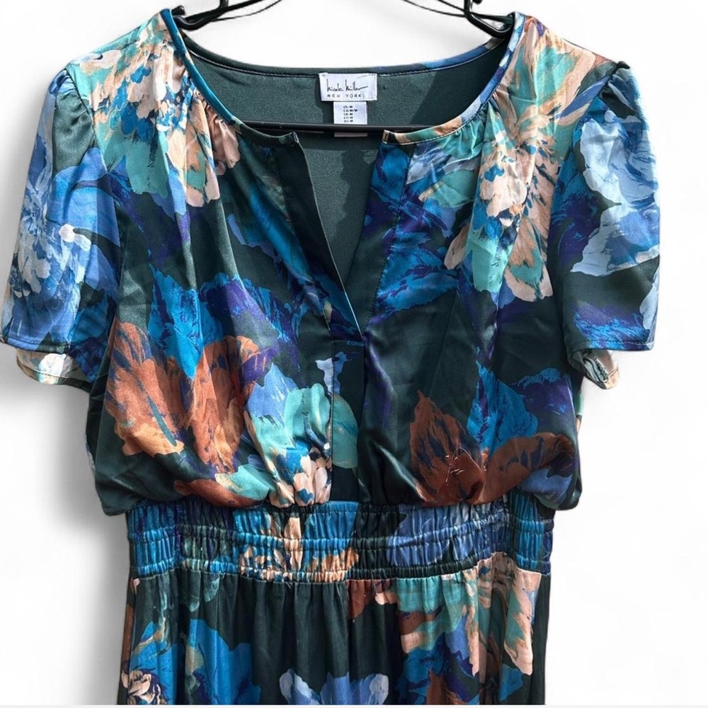 Nicole Miller Teal Blue Floral Maxi Dress w Elastic Waist Tiered Skirt. Size M
